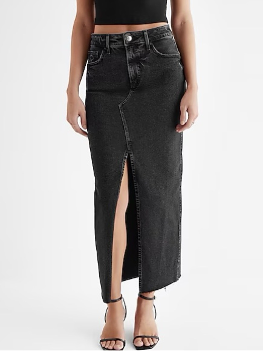 Women’s Express High Waisted Raw Hem Front Slit Denim Maxi Skirt Black Sz 8 BNWT